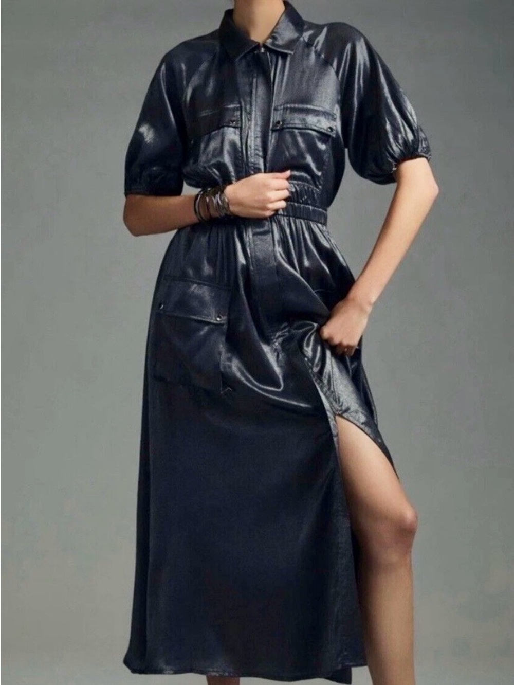 Metallic Grey Maxi Shirt Dress w/ Utility pockets/Anthropologie/Samant Chauhan